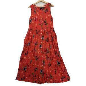 Bila Maxi Dress Womens M Floral Butterfly Rayon Pockets Crinkle Ties Whimsy Vtg
